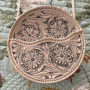 Floral Embossed Round Leather Bag